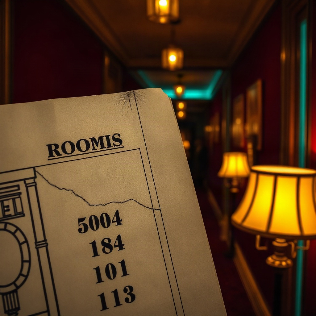 Ink-stained floor plan fragment with room numbers