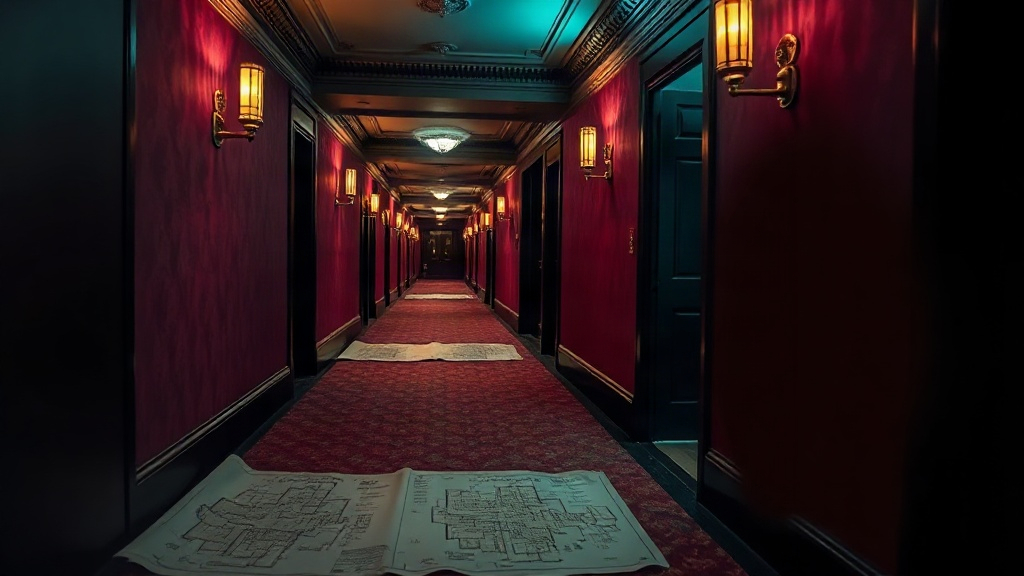 Vintage hotel corridor with architectural plans under brass lamplight